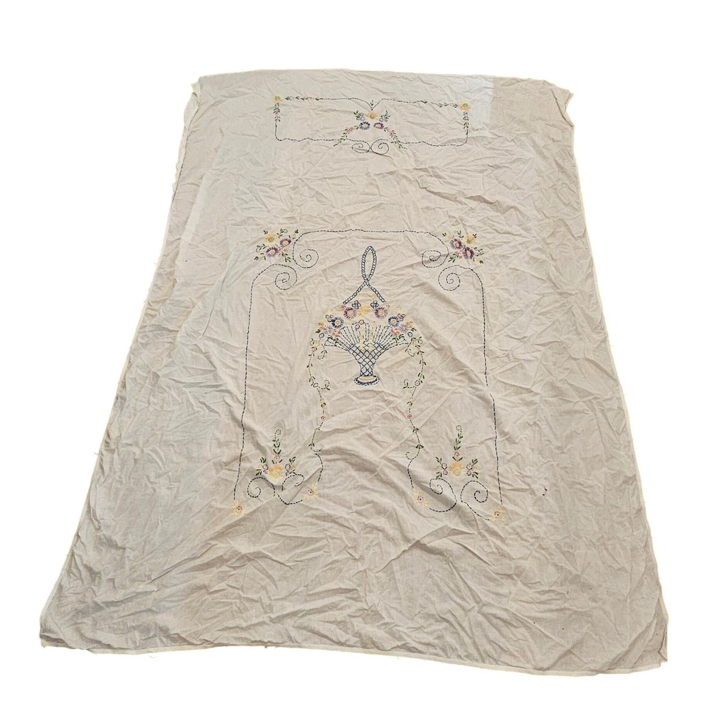 Vintage‎ Hand Embroidered Queen Sheet Floral Basket Cream Farmhouse 60x80 Worn
